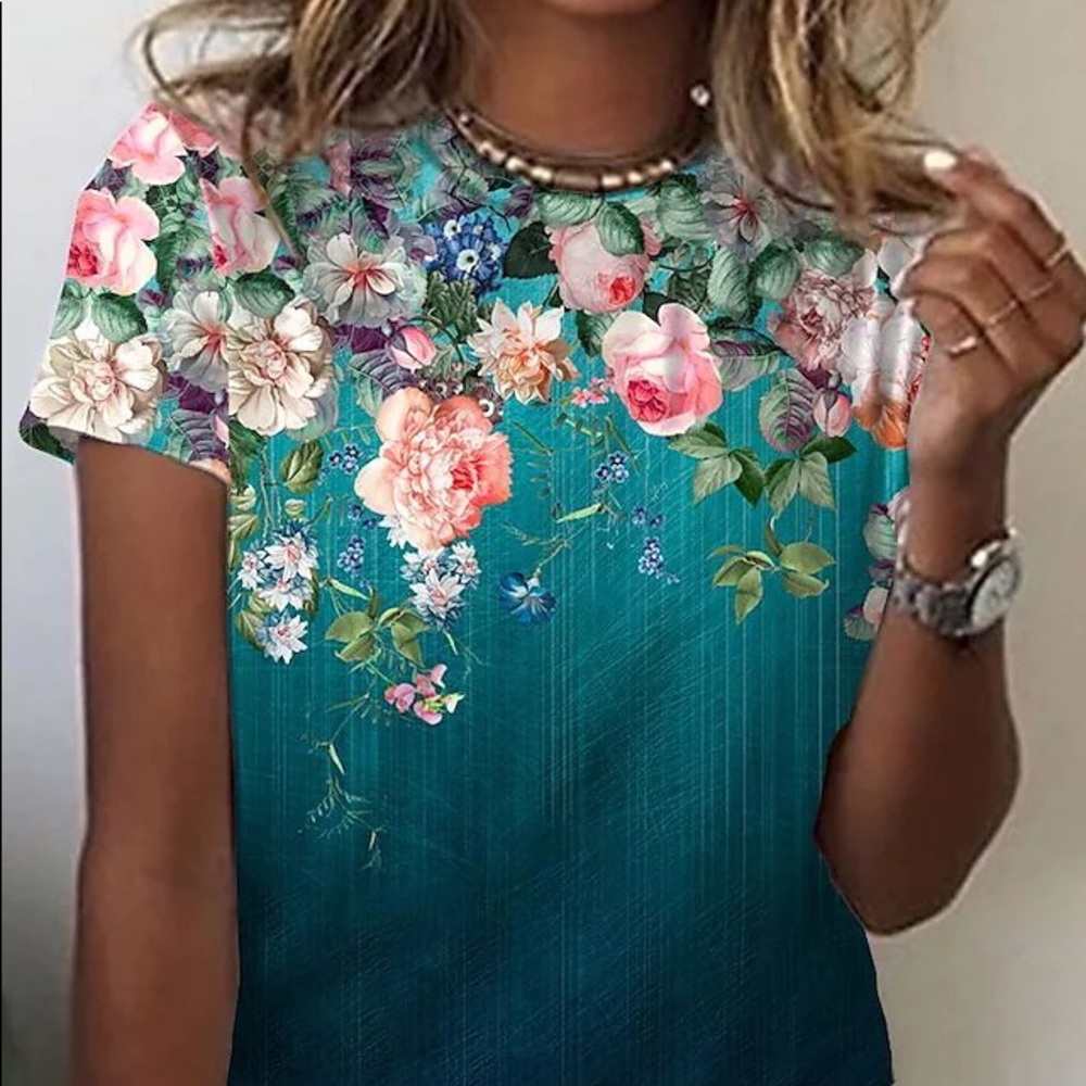 Women's Floral Painting T shirt Floral Graphic Print Round Neck Basic Tops Green